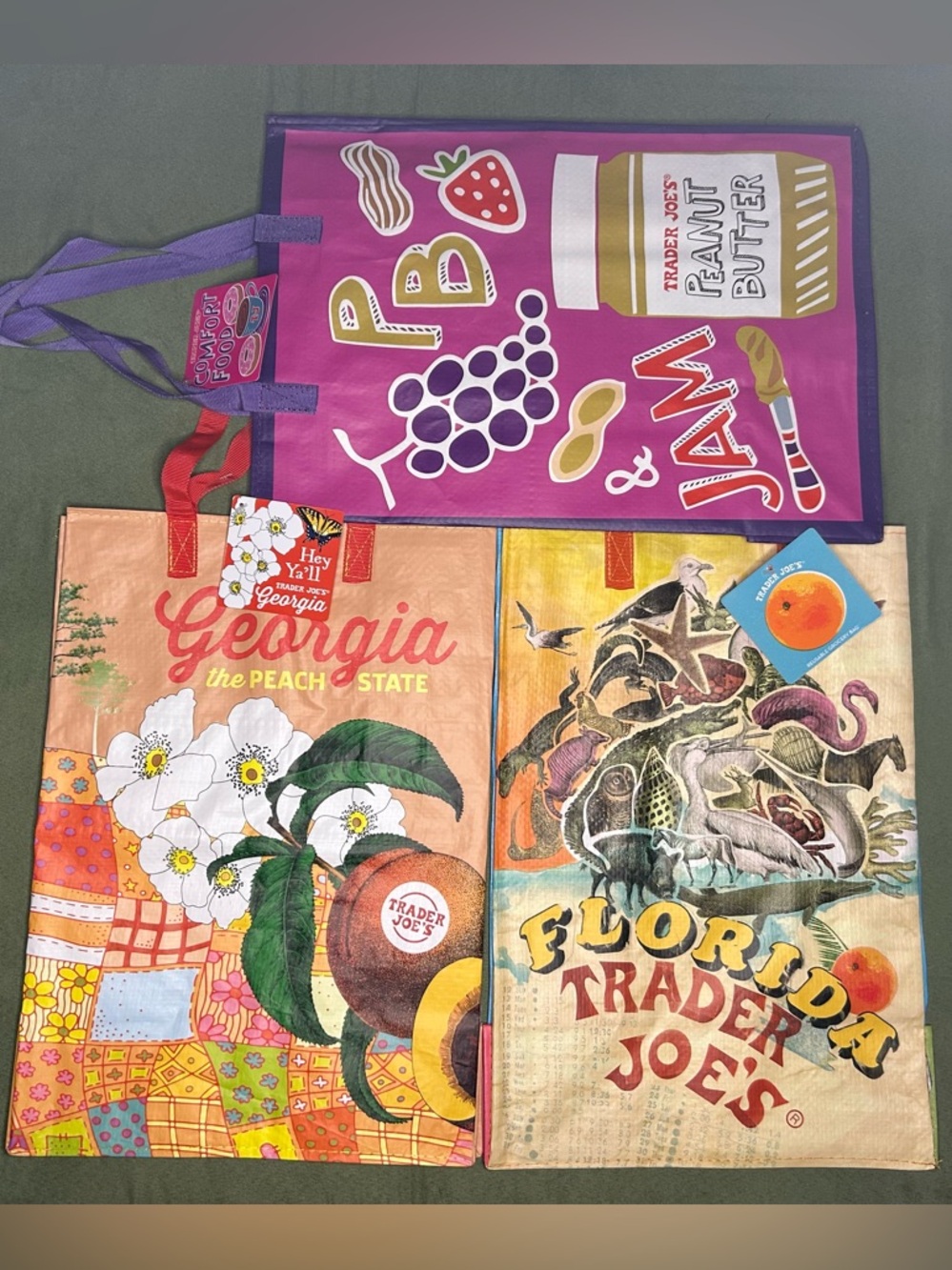 3 Bag Set: Trader Joe's Tote Bags Georgia, Florida, Comfort Food